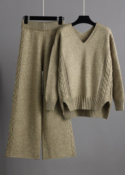 New Apricot V Neck Sweaters and Pants Knit Two Pieces Set Winter