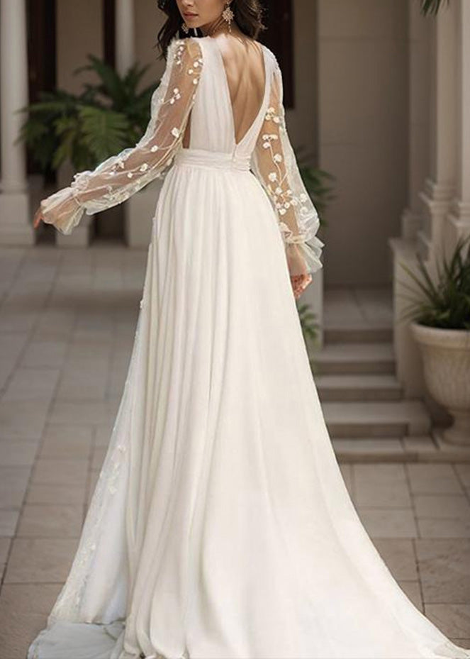 French White V Neck Backless Chiffon Robe Dresses Summer
