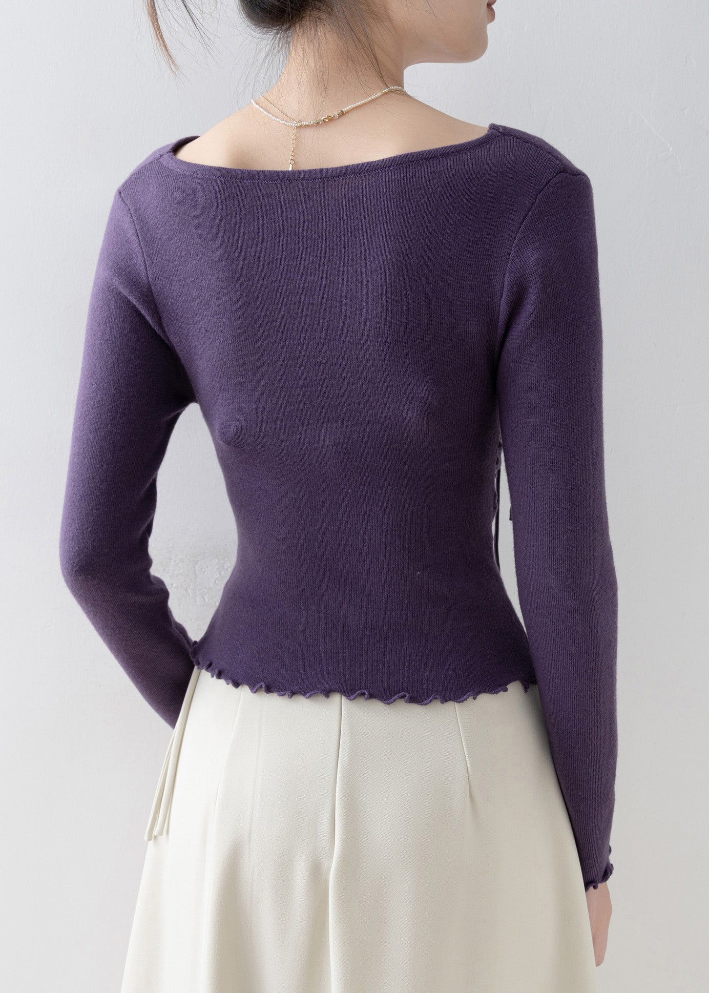 French Purple Slash Neck Ruffled Knit Top Spring