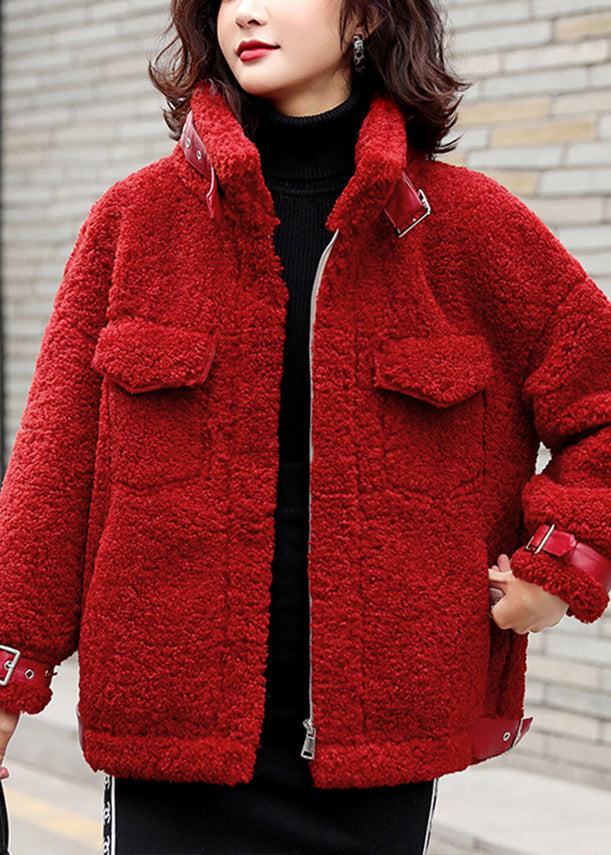 Loose Red Zippered Patchwork Teddy Faux Fur Coat Winter