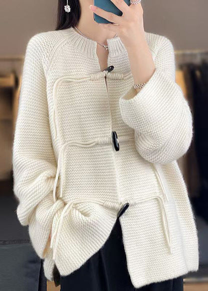 White Woolen Knit Coat O-neck Long Sleeve