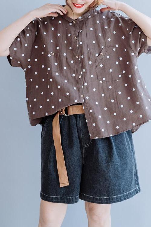 Coffee Cotton Linen Blouse Loose Tops for Summer