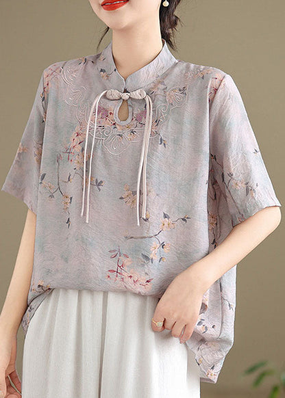 Light Purple Tasseled Print Cotton Top Short Sleeve