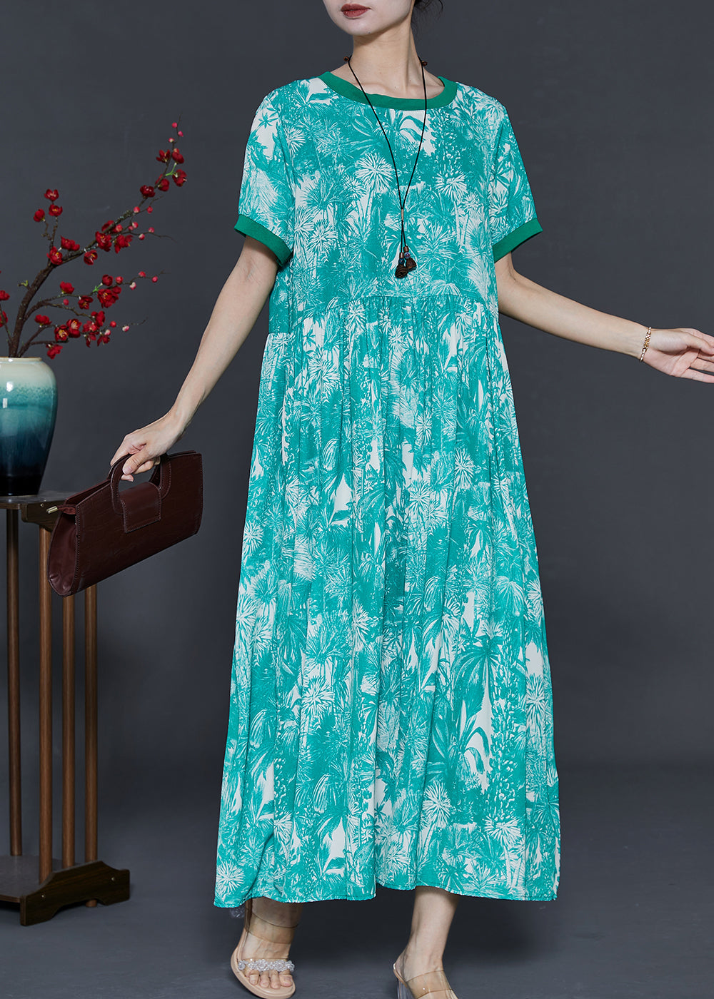 Green Print Exra Large Hem Silk Ankle Dress Summer