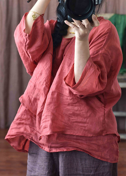 Loose Red O-neck Low High Design Linen Tops Bracelet Sleeve