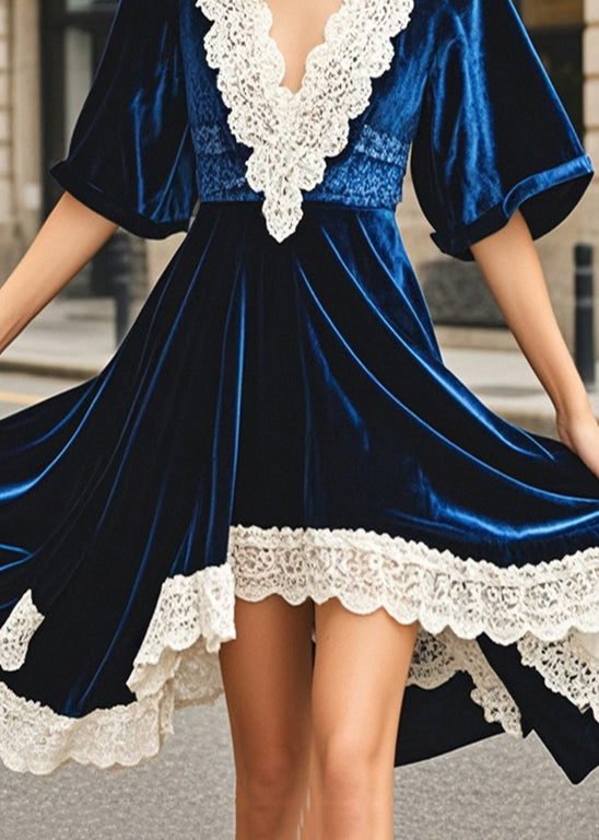 Navy Asymmetrical Patchwork Silk Velvet Dresses Summer
