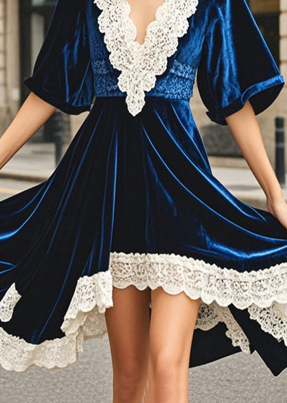 Navy Asymmetrical Patchwork Silk Velvet Dresses Summer