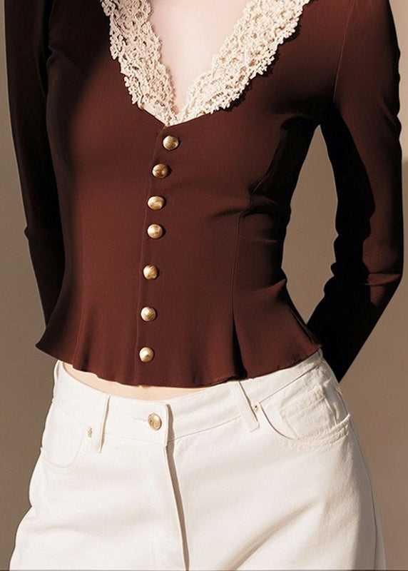 Coffee V Neck Lace Patchwork Cotton Knit Sweater Spring