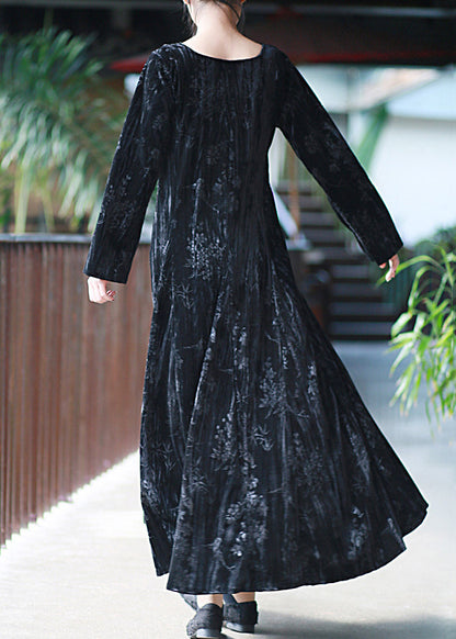 Black U Neck Print Velvet Long Dresses Fall