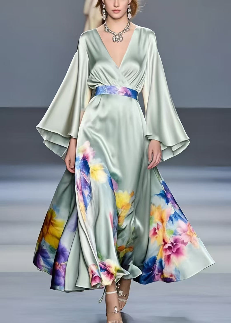 Art Light Green Exra Large Hem Silk Tunic Dress Flare Sleeve
