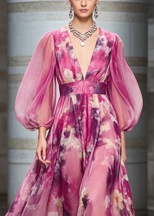 Rose Cinched Print Chiffon Robe Dresses Bracelet Sleeve