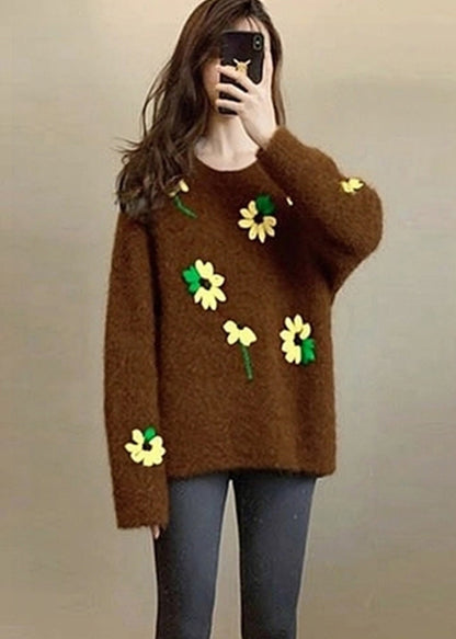 Unique Brown Oversized Lace Knit Sweater Tops Winter