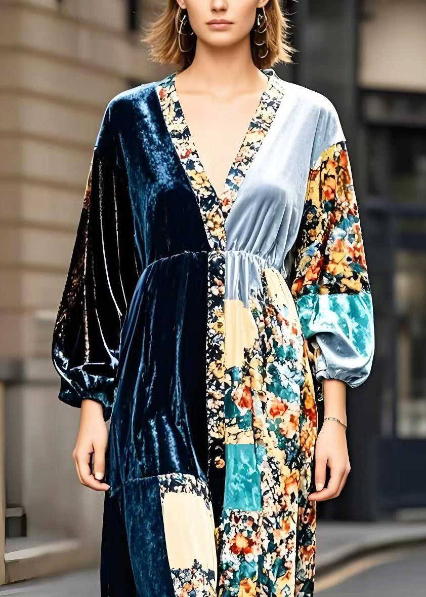 Peacock Blue V Neck Patchwork Print Silk Velvet Ankle Dress Fall