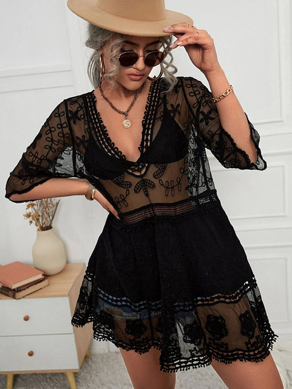 Loose Lace Beach Vacation Bikini Cover-up Dress