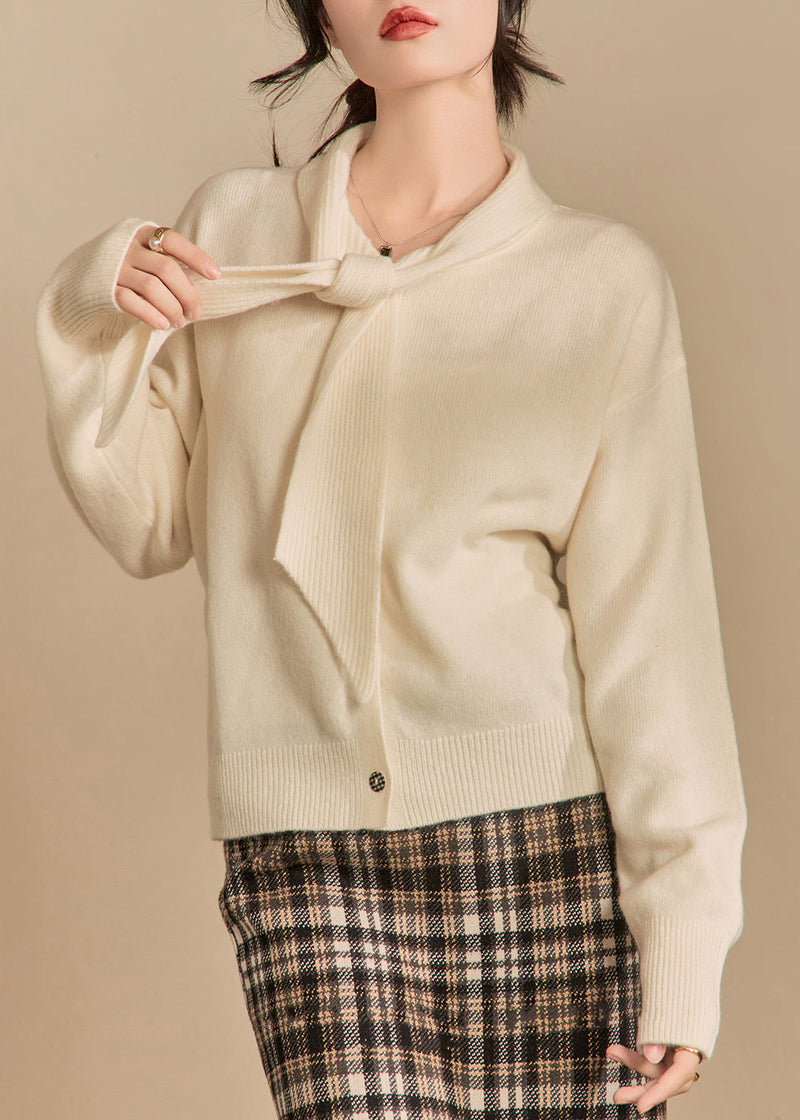 Beige Bow Button Knit Sweaters Winter