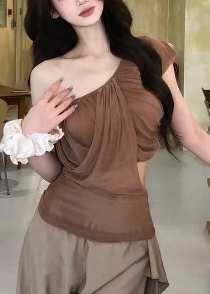 Brown Asymmetrical Cold Shoulder Tulle Top Summer