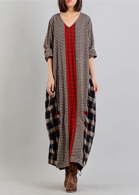 V Neck Patchwork Cotton Linen Spring Quilting Clothes Tunic Tops Plaid Dresses