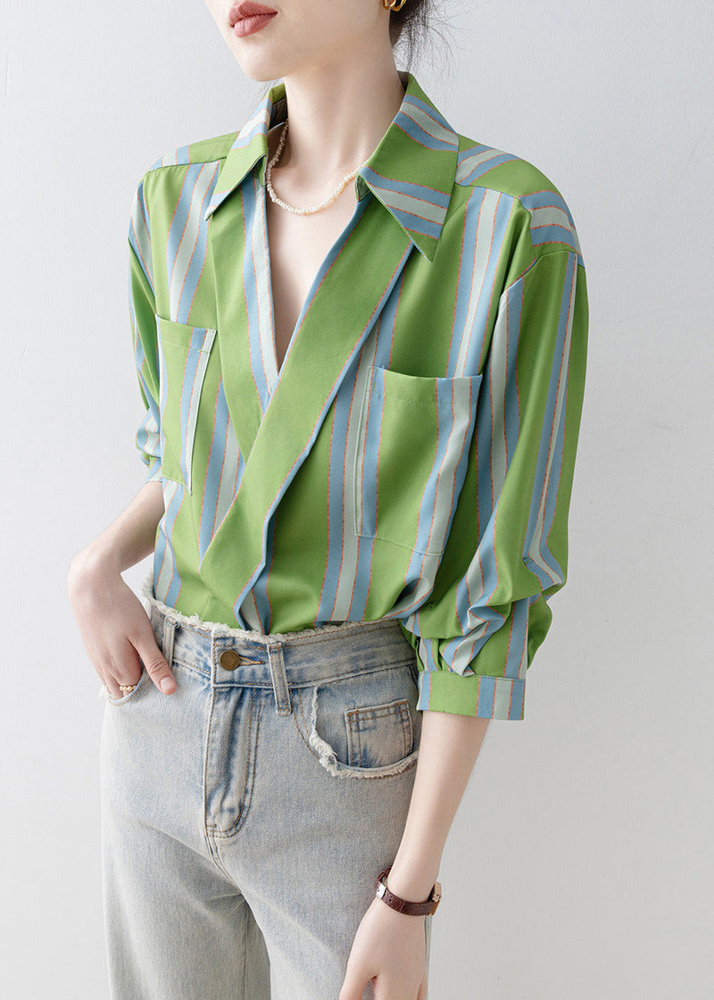 Green Peter Pan Collar Striped Cotton Shirt Top Half Sleeve