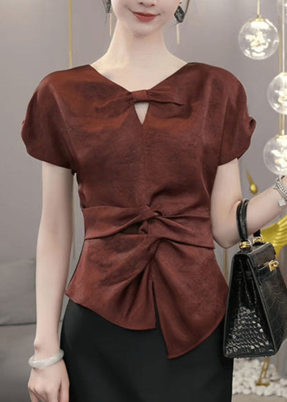 Red V Neck Cinched Shirts Summer