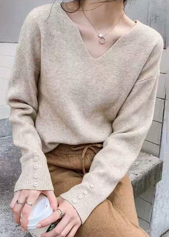 Stylish Khaki V Neck Knit Sweater Spring