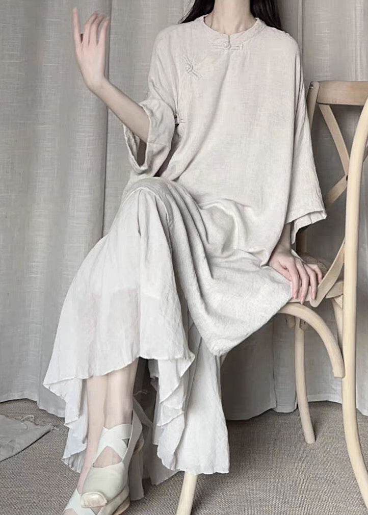 Beige Stand Collar Oriental Button Linen Long Dress Bracelet Sleeve