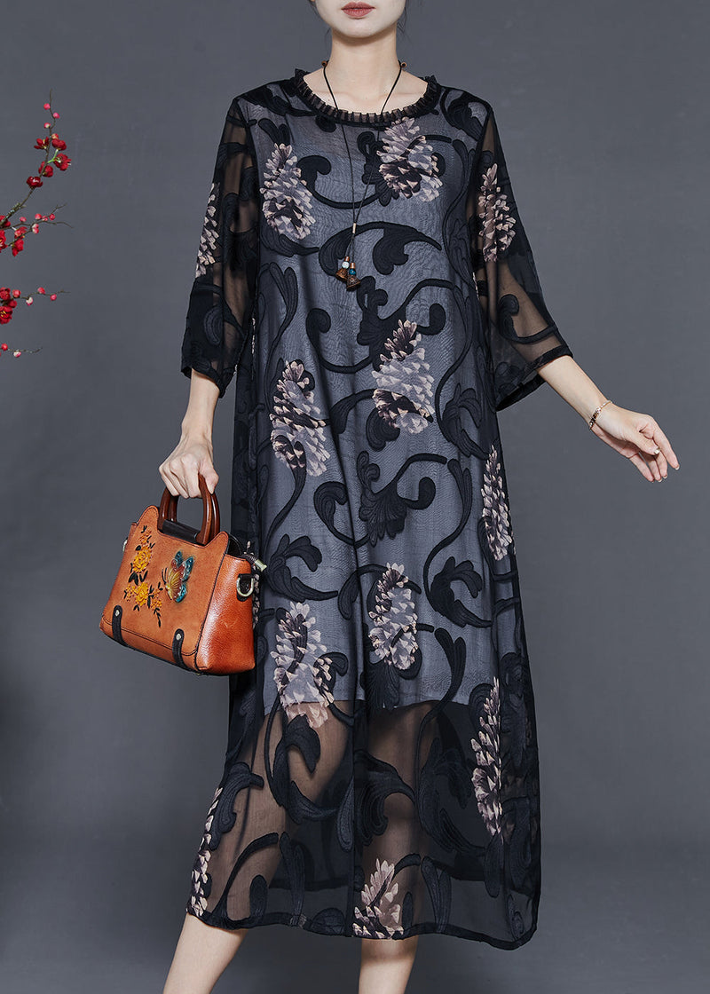 Black Oversized Print Tulle Maxi Dresses Summer
