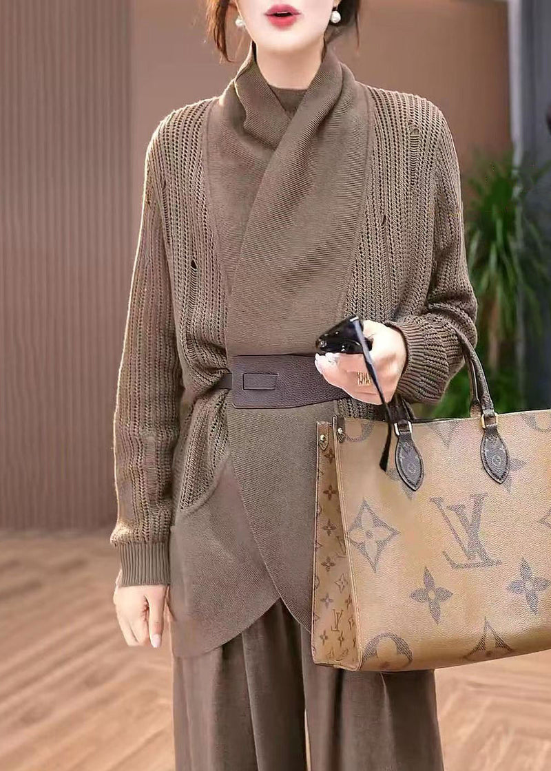 Coffee Hollow Out Knit Cardigans Winter