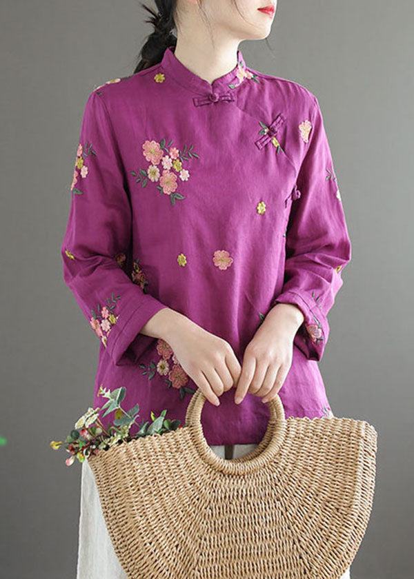 Purple Stand Collar Embroidered Patchwork Cotton Top Spring