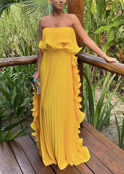 New Yellow Cold Shoulder Wrinkled Chiffon Ankle Dress Sleeveless
