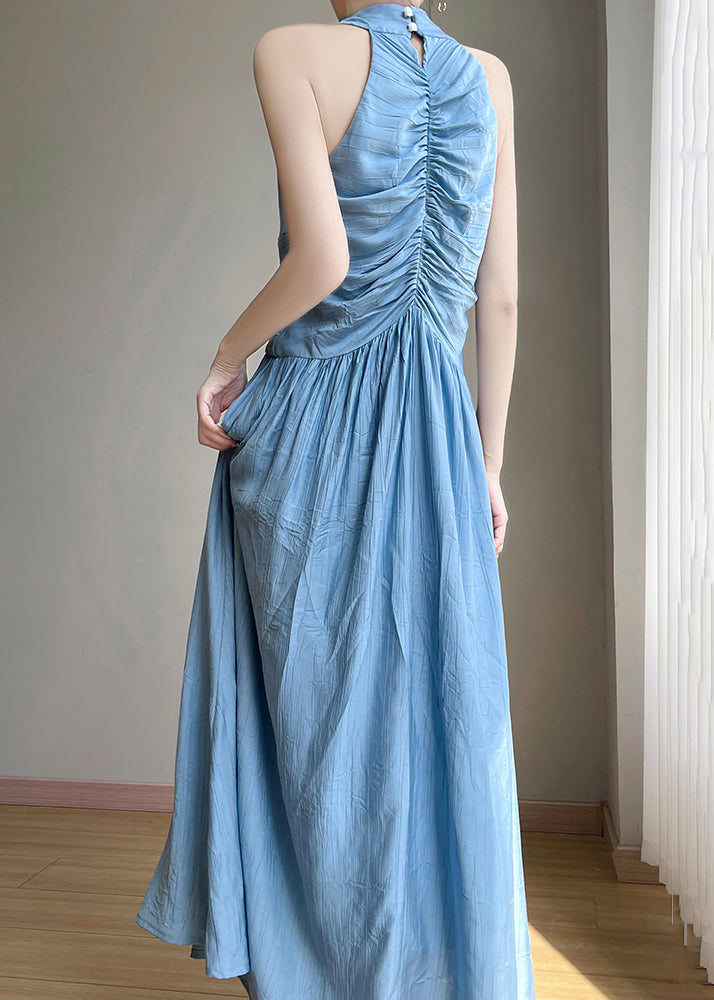 Blue V Neck High Waist Cotton Long Dress Sleeveless