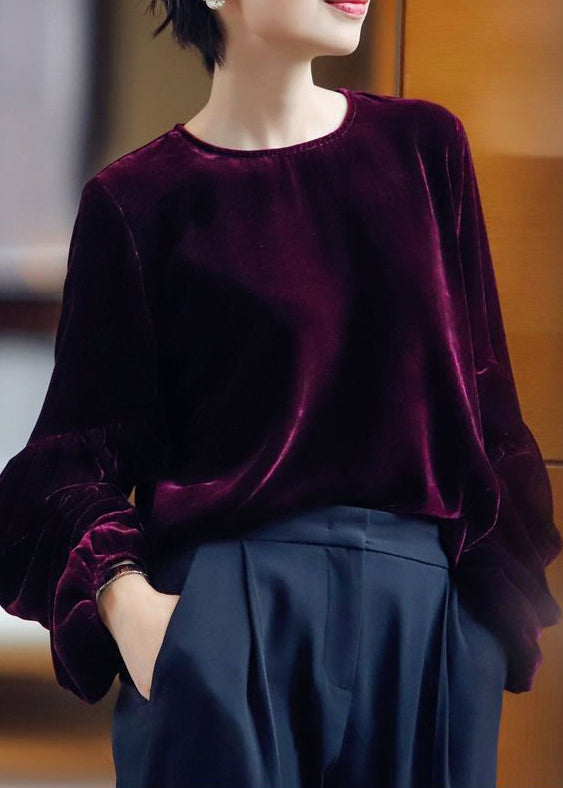 Purple O Neck Silk Velour Tops Spring