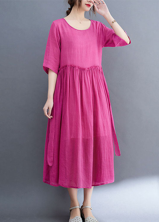 Rose O-neck Ruffled Exra Large Hem Color Linen Holiday Dress Half Sleeve