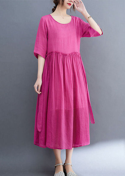 Rose O-neck Ruffled Exra Large Hem Color Linen Holiday Dress Half Sleeve