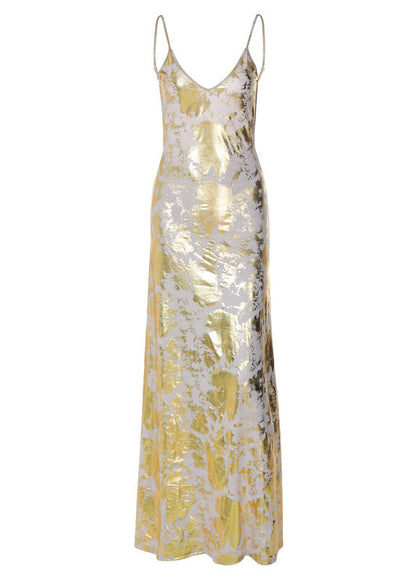 Stylish Gold Backless Cotton Spaghetti Strap Dress Summer