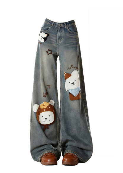 Blue Embroidered Character Denim Pants Spring