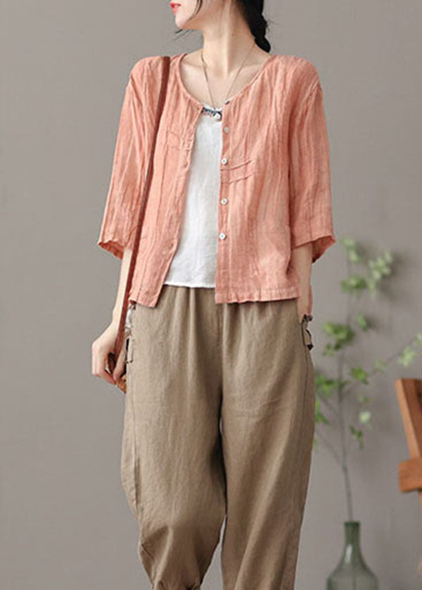Pink Wrinkled Button Linen Shirts Bracelet Sleeve