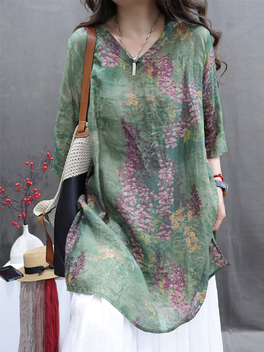 Summer Flower V-neck Ramie Long Shirt