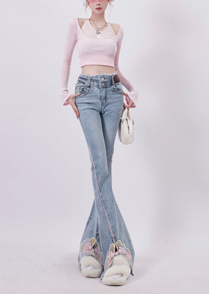 Organic Blue Embroidered Side Open Denim Bell-bottom Trousers Spring