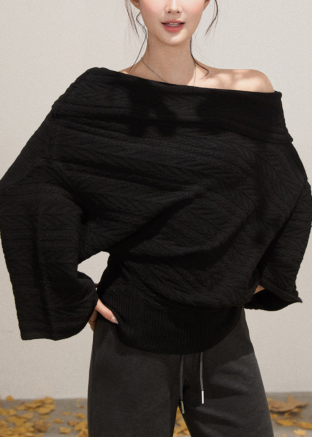 Black Cold Shoulder Knit Short Sweater Fall
