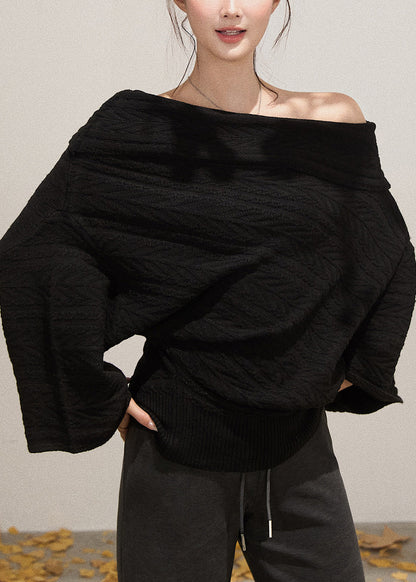 Black Cold Shoulder Knit Short Sweater Fall
