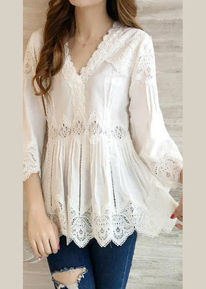 White V-neck Ruffles Hollow Out Shirts Spring