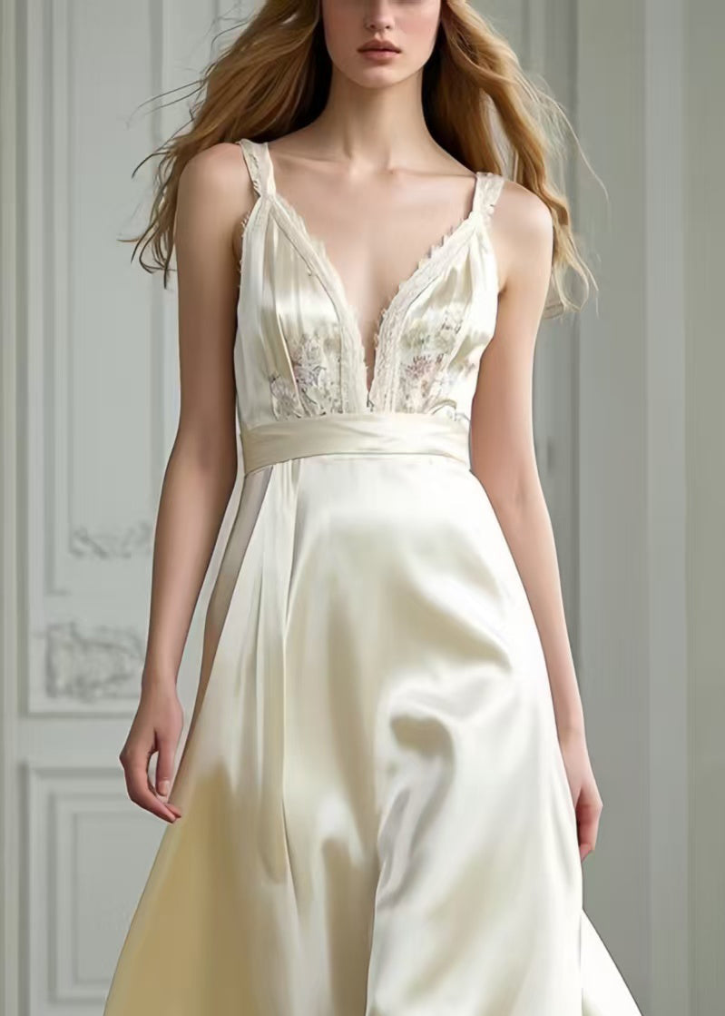 Milk White Exra Large Hem Draping Silk Party Dresses Summer