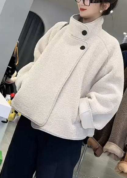 White Stand Collar Patchwork Pockets Faux Fur Coats Fall
