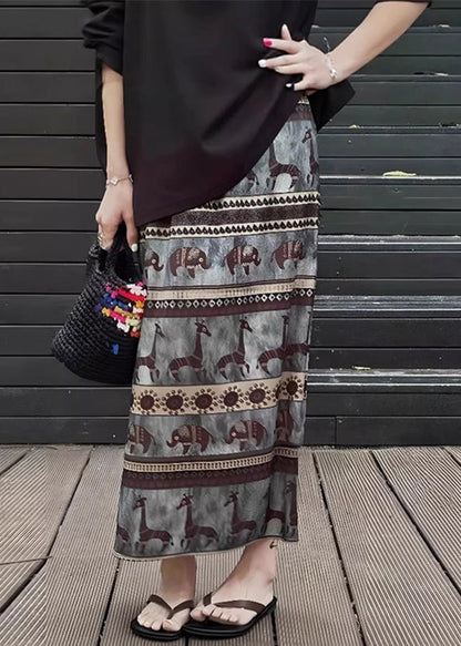 Print Side Open Elastic Waist Cotton Skirt Summer