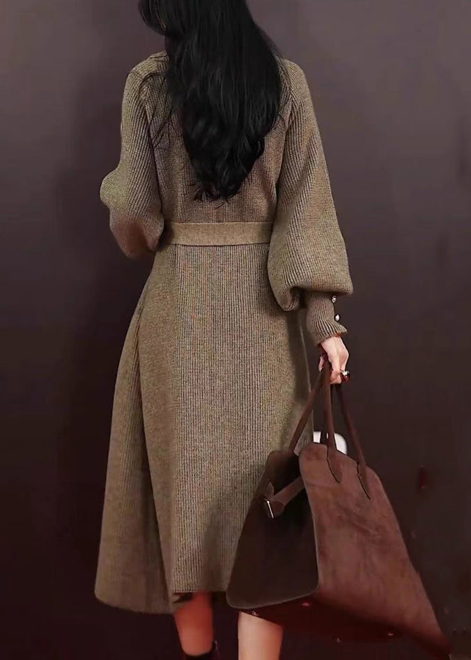 Grey Peter Pan Collar Pockets Tie Waist Knit Long Coats Winter