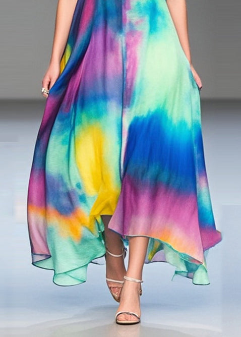 Rainbow V Neck Tie Dye Chiffon Holiday Dress Summer