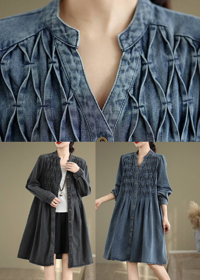Black Wrinkled Patchwork Long Dresses V Neck Fall