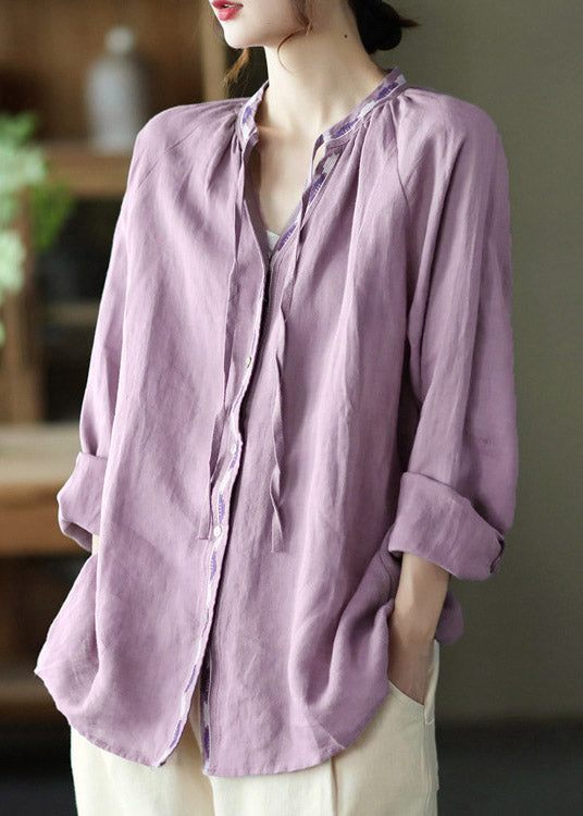 Novelty Purple V Neck Embroidered Neck Tie Linen Shirt Long Sleeve