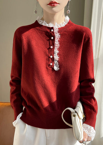 Red Lace Patchwork Wool Knit Sweaters Fall