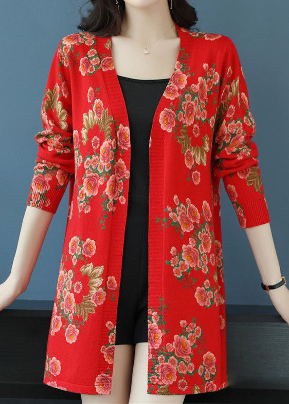 Red V Neck Print Wool Knit Cardigan Long Sleeve